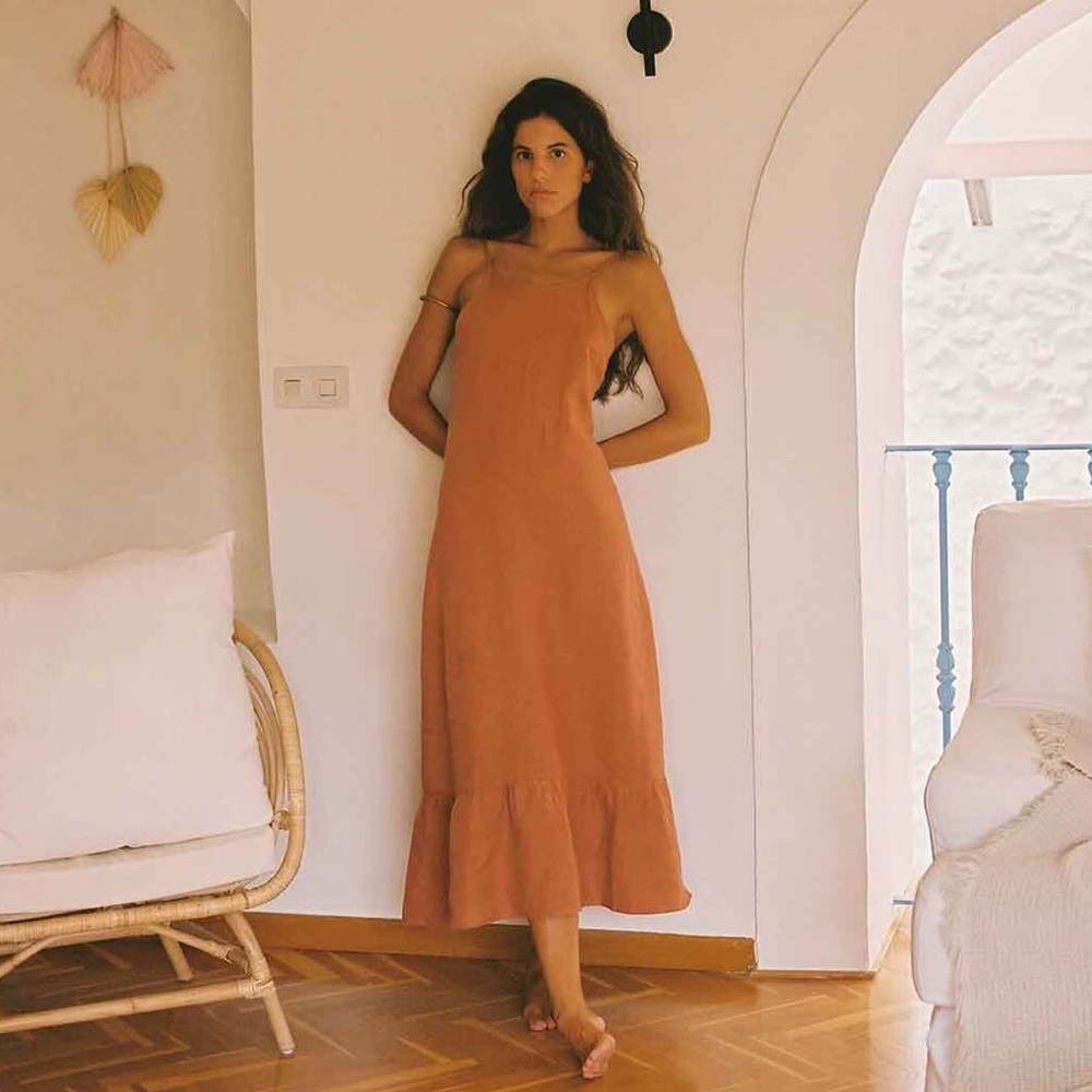Arkitaip - Gerda Ruffled Slip Dress - Tangerine - M - 100% Linen